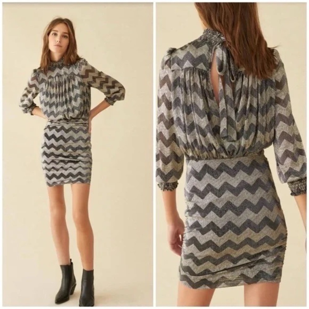 ba&sh Goldy Dress Size XS Anthracite Silver Metallic Chevron High Neck Chic Sexy - Picture 2 of 16